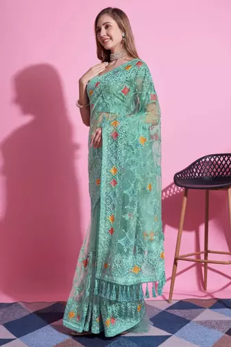 Green net embroidered thread work heavy look ethnic saree with blouse