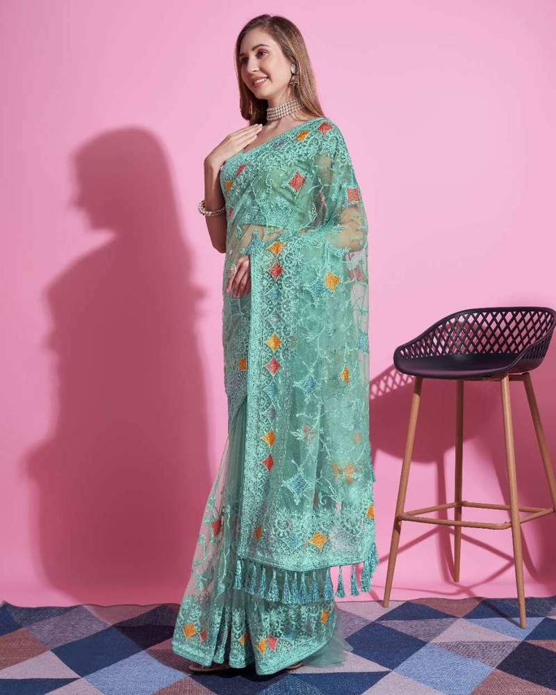 Green net embroidered thread work heavy look ethnic saree with blouse
