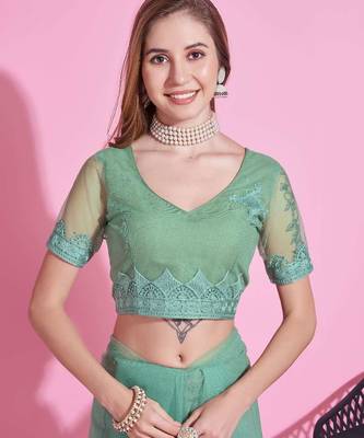 Green net embroidered thread work heavy look ethnic saree with blouse 4