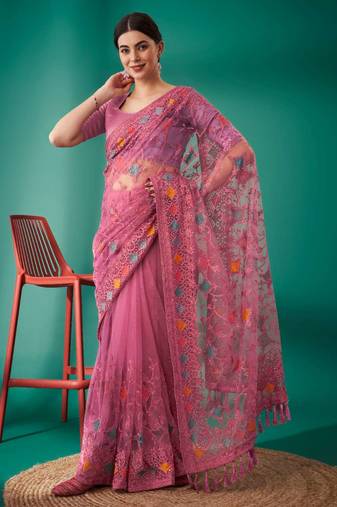 Pink net embroidered thread work heavy look ethnic saree with blouse