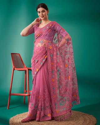 Pink net embroidered thread work heavy look ethnic saree with blouse 1