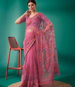 Pink net embroidered thread work heavy look ethnic saree with blouse
