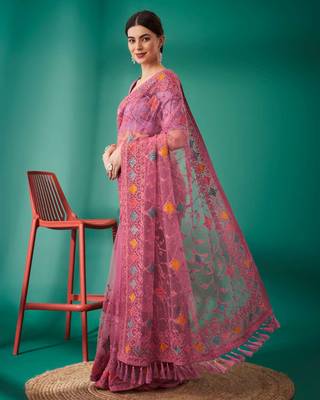 Pink net embroidered thread work heavy look ethnic saree with blouse 2