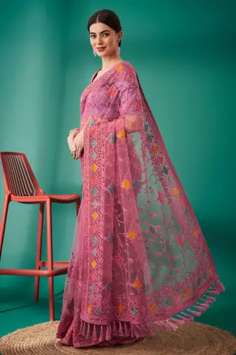 Pink net embroidered thread work heavy look ethnic saree with blouse