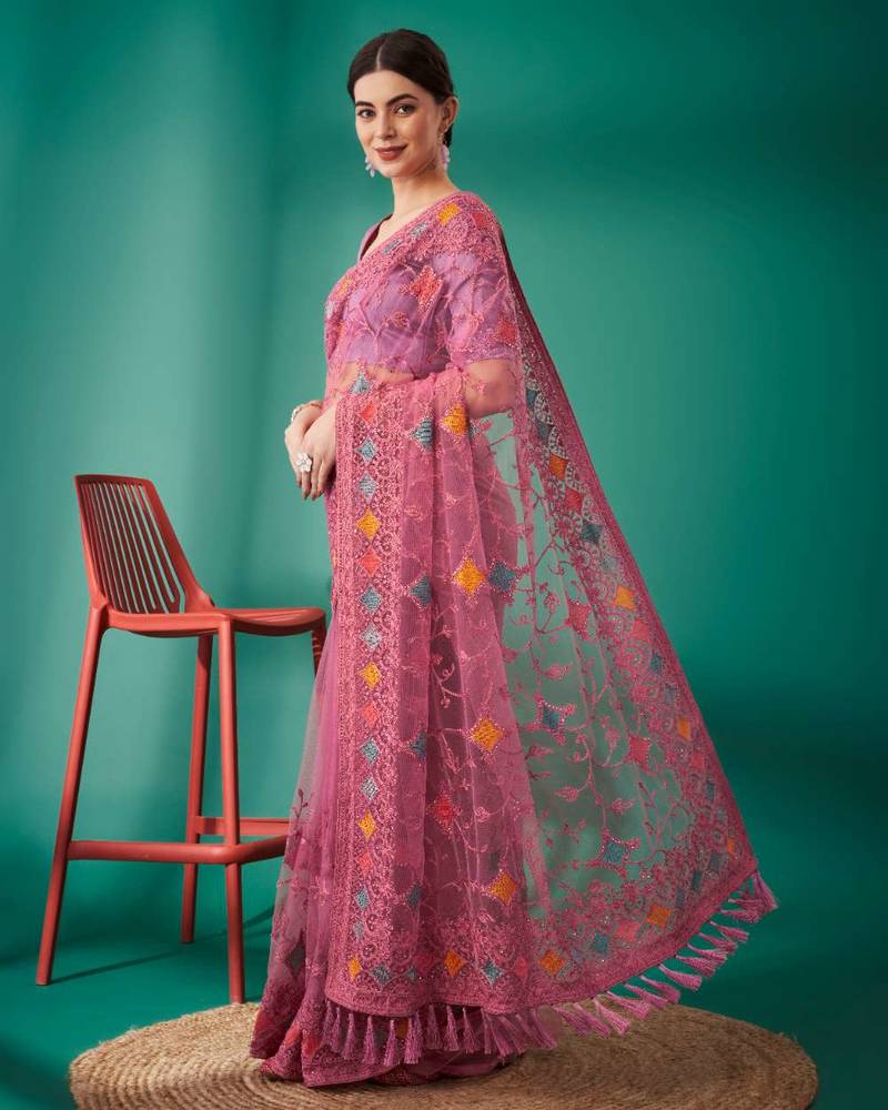Pink net embroidered thread work heavy look ethnic saree with blouse