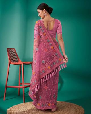 Pink net embroidered thread work heavy look ethnic saree with blouse 3