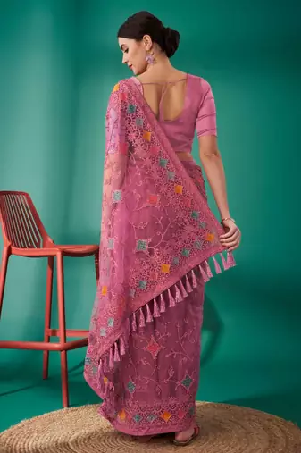 Pink net embroidered thread work heavy look ethnic saree with blouse