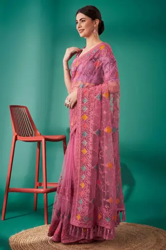 Pink net embroidered thread work heavy look ethnic saree with blouse