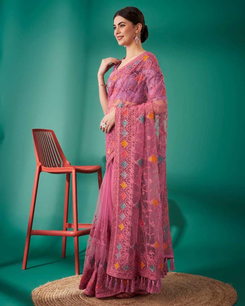Pink net embroidered thread work heavy look ethnic saree with blouse