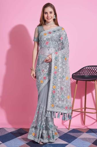 Grey net embroidered thread work heavy look ethnic saree with blouse