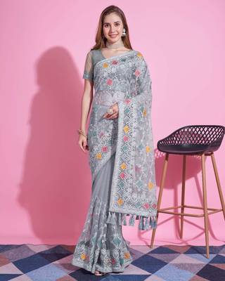 Grey net embroidered thread work heavy look ethnic saree with blouse 1