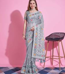 Grey net embroidered thread work heavy look ethnic saree with blouse