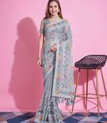 Grey net embroidered thread work heavy look ethnic saree with blouse