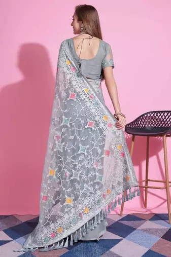 Grey net embroidered thread work heavy look ethnic saree with blouse