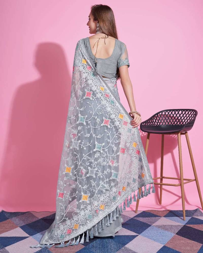Grey net embroidered thread work heavy look ethnic saree with blouse
