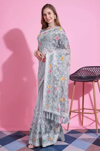 Grey net embroidered thread work heavy look ethnic saree with blouse