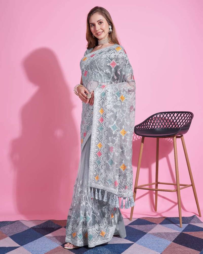 Grey net embroidered thread work heavy look ethnic saree with blouse