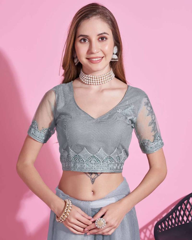 Grey net embroidered thread work heavy look ethnic saree with blouse