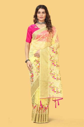 Yellow organza embroidered zari woven heavy look ethnic saree with blouse