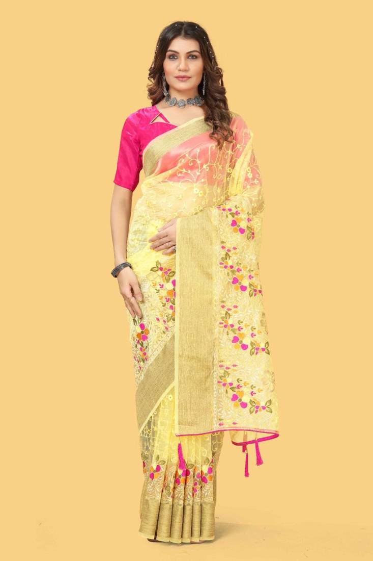 Yellow organza embroidered zari woven heavy look ethnic saree with blouse