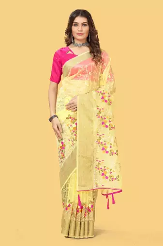 Yellow organza embroidered zari woven heavy look ethnic saree with blouse