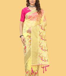 Yellow organza embroidered zari woven heavy look ethnic saree with blouse