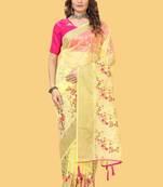 Yellow organza embroidered zari woven heavy look ethnic saree with blouse