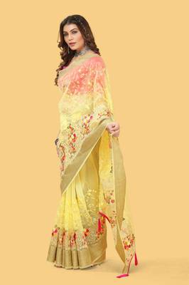 Yellow organza embroidered zari woven heavy look ethnic saree with blouse 2
