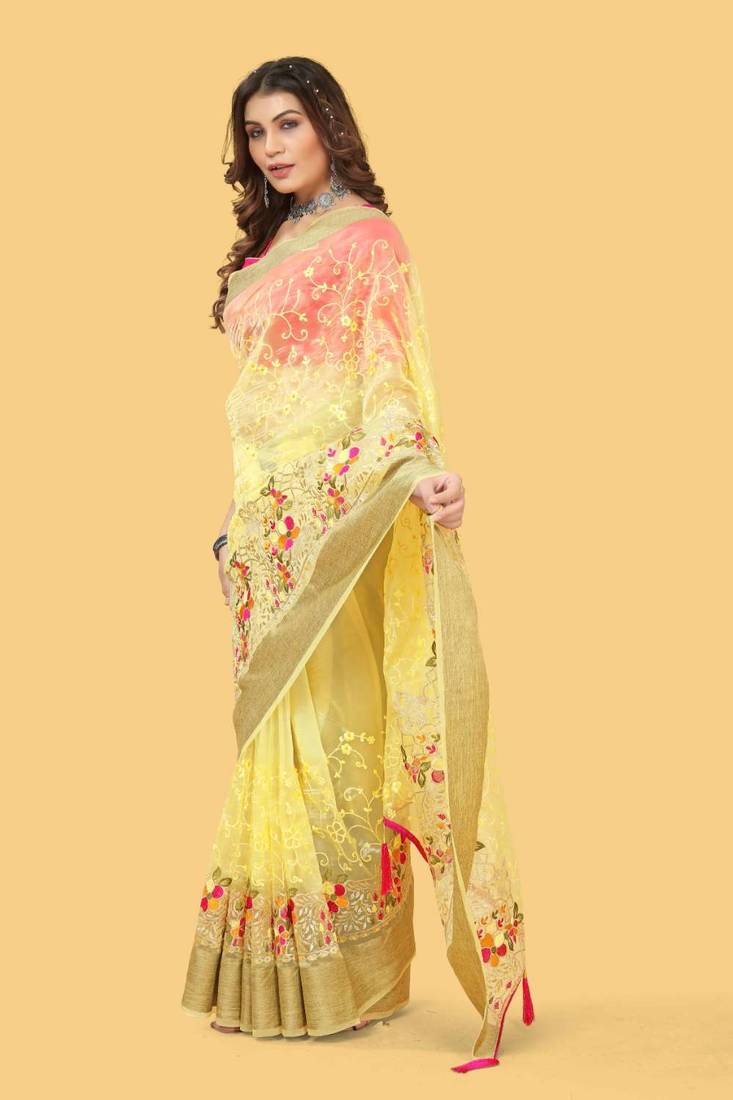 Yellow organza embroidered zari woven heavy look ethnic saree with blouse