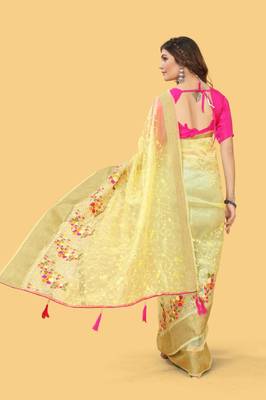 Yellow organza embroidered zari woven heavy look ethnic saree with blouse 3