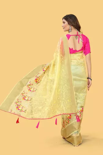 Yellow organza embroidered zari woven heavy look ethnic saree with blouse