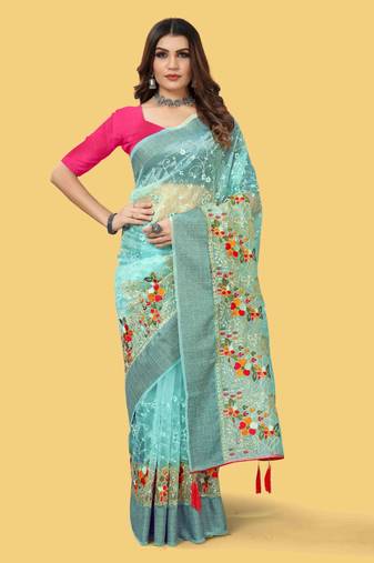 Teal organza embroidered zari woven heavy look ethnic saree with blouse