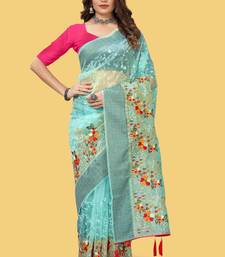 Teal organza embroidered zari woven heavy look ethnic saree with blouse