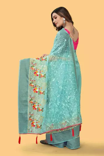 Teal organza embroidered zari woven heavy look ethnic saree with blouse