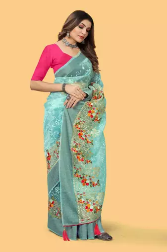 Teal organza embroidered zari woven heavy look ethnic saree with blouse