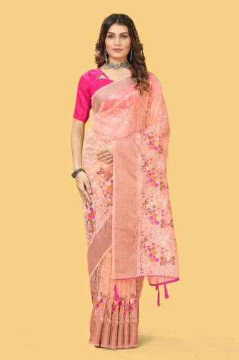 Peach organza embroidered zari woven heavy look ethnic saree with blouse