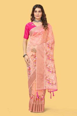 Peach organza embroidered zari woven heavy look ethnic saree with blouse 1