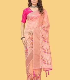 Peach organza embroidered zari woven heavy look ethnic saree with blouse