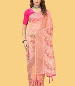 Peach organza embroidered zari woven heavy look ethnic saree with blouse