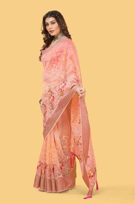 Peach organza embroidered zari woven heavy look ethnic saree with blouse 2