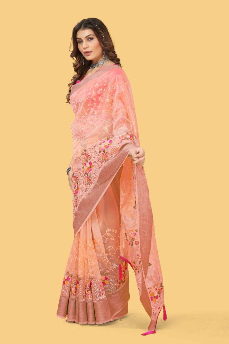 Peach organza embroidered zari woven heavy look ethnic saree with blouse