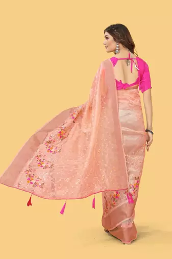 Peach organza embroidered zari woven heavy look ethnic saree with blouse