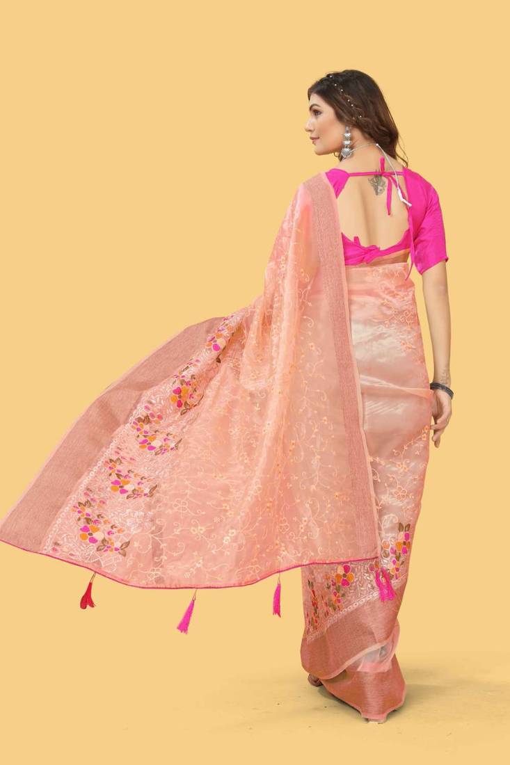 Peach organza embroidered zari woven heavy look ethnic saree with blouse