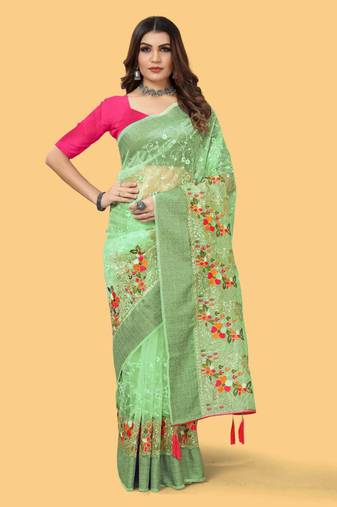 Green organza embroidered zari woven heavy look ethnic saree with blouse