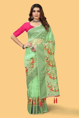 Green organza embroidered zari woven heavy look ethnic saree with blouse 1