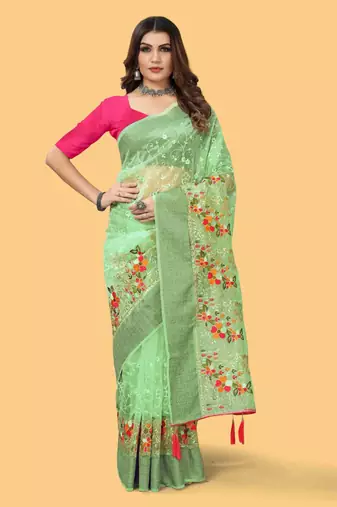 Green organza embroidered zari woven heavy look ethnic saree with blouse