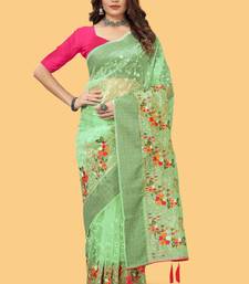 Green organza embroidered zari woven heavy look ethnic saree with blouse