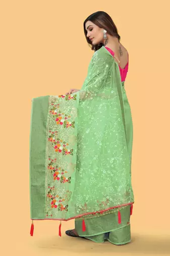 Green organza embroidered zari woven heavy look ethnic saree with blouse