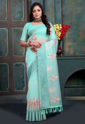 Teal organza embroidered zari woven heavy look ethnic saree with blouse 1