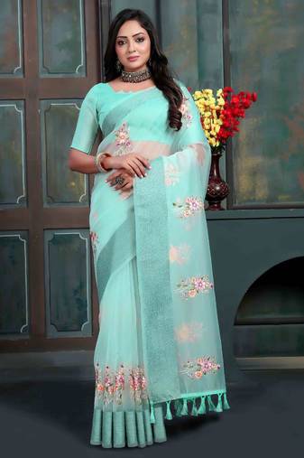 Teal organza embroidered zari woven heavy look ethnic saree with blouse